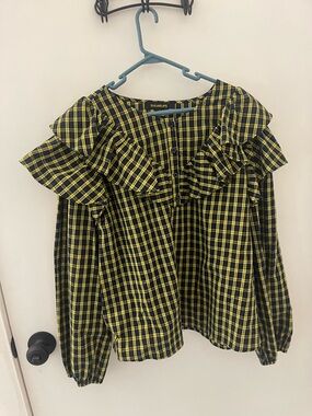 Vici Yellow and Black Plaid Ruffle Blouse